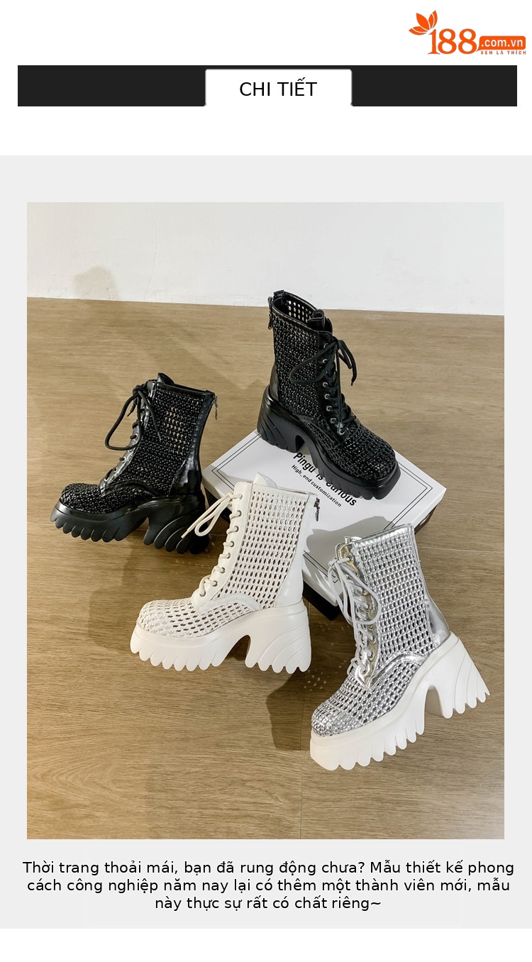 Boot nữ cổ thấp đế dày tăng chiều cao, gót thô đan thoáng khí — màu đen, màu trắng ngà, bạc chi tiết 4