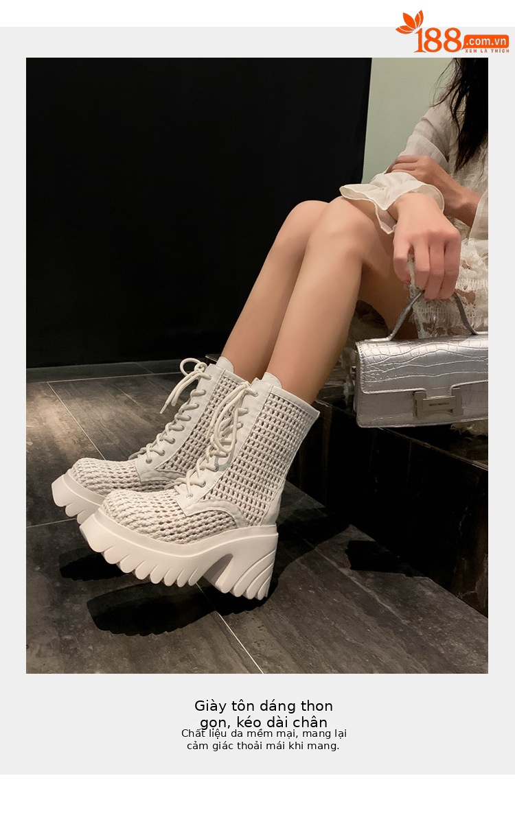 Boot nữ cổ thấp đế dày tăng chiều cao, gót thô đan thoáng khí — màu đen, màu trắng ngà, bạc chi tiết 5