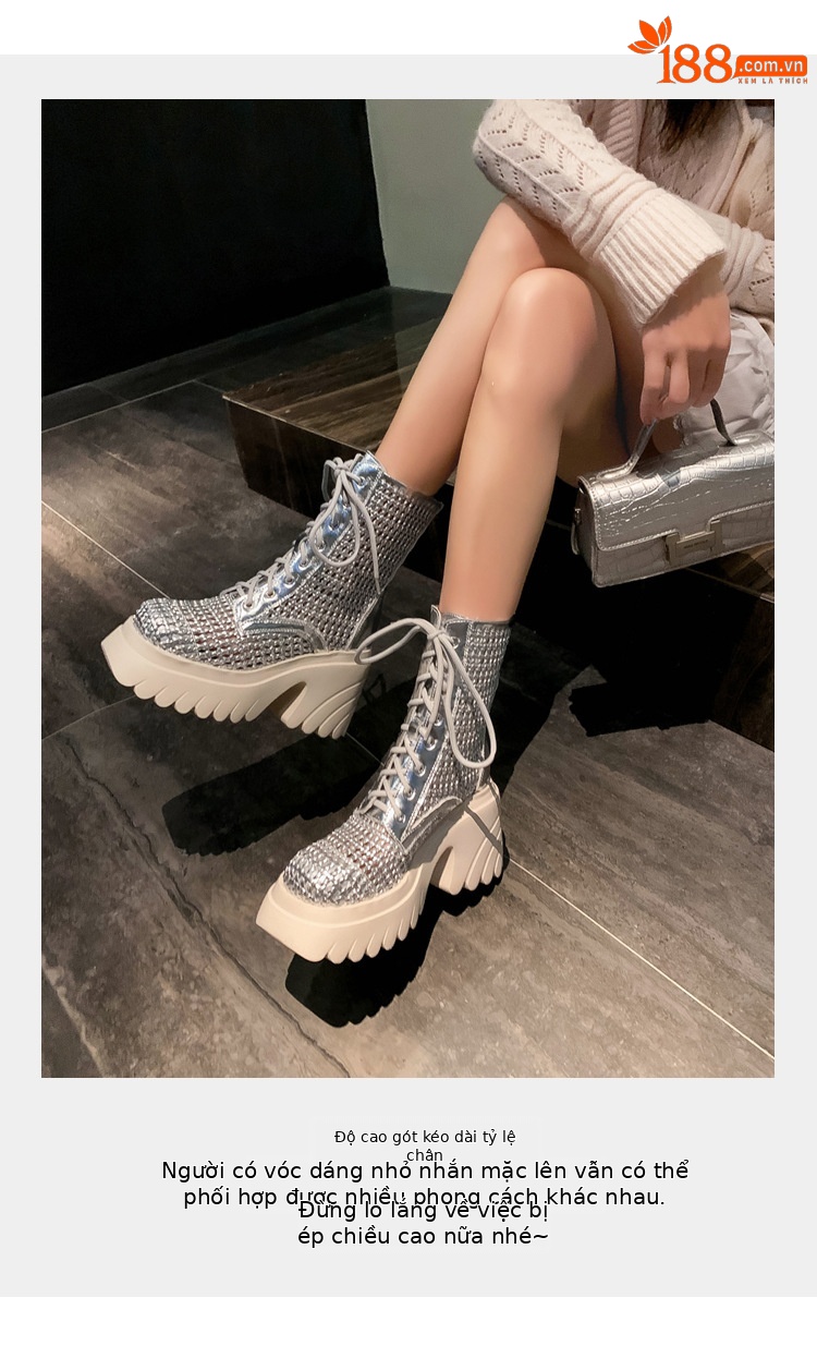 Boot nữ cổ thấp đế dày tăng chiều cao, gót thô đan thoáng khí — màu đen, màu trắng ngà, bạc chi tiết 8