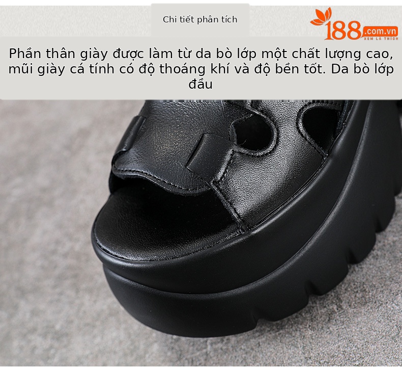 Sandal nữ đế xuồng cao gót da bò thật phong cách La Mã quai đan hở mũi — màu đen chi tiết 4