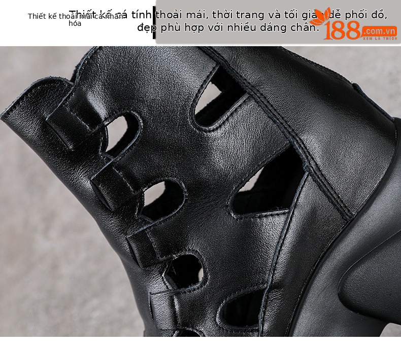 Sandal nữ đế xuồng cao gót da bò thật phong cách La Mã quai đan hở mũi — màu đen chi tiết 5