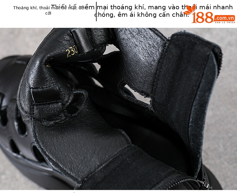 Sandal nữ đế xuồng cao gót da bò thật phong cách La Mã quai đan hở mũi — màu đen chi tiết 6