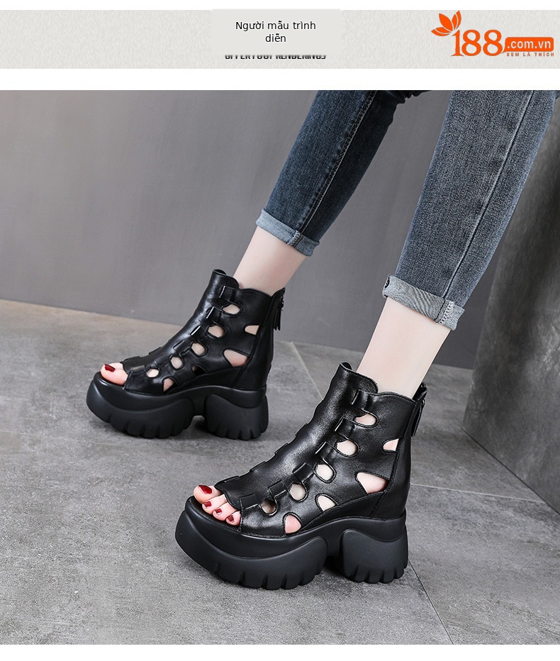 Sandal nữ đế xuồng cao gót da bò thật phong cách La Mã quai đan hở mũi — màu đen chi tiết 9