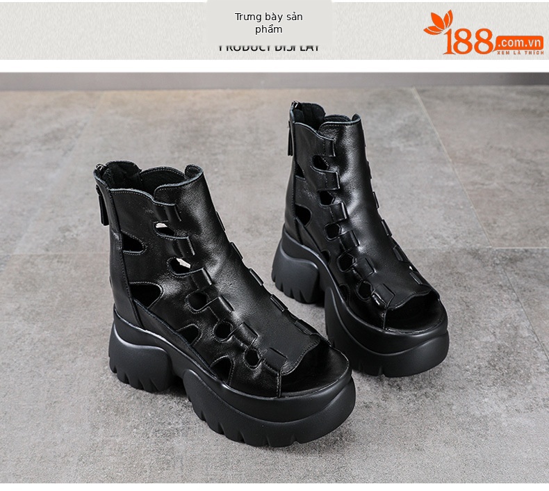 Sandal nữ đế xuồng cao gót da bò thật phong cách La Mã quai đan hở mũi — màu đen chi tiết 10