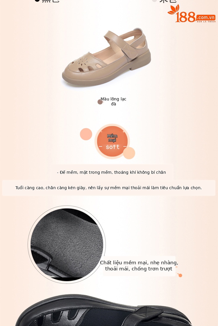 Sandal da thật lỗ thoáng khí đế mềm cho nữ trung niên, đế cao su bền bỉ — màu be chi tiết 3