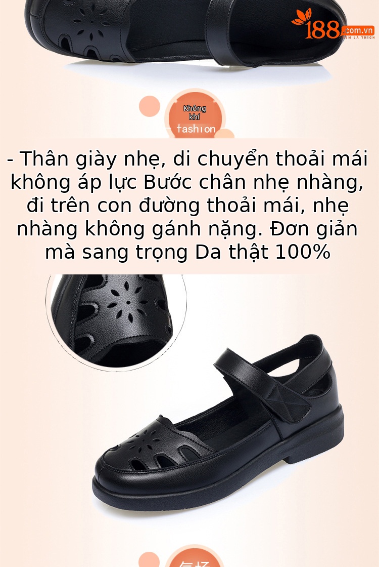 Sandal da thật lỗ thoáng khí đế mềm cho nữ trung niên, đế cao su bền bỉ — màu be chi tiết 4