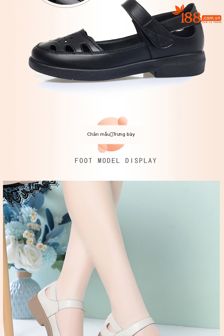 Sandal da thật lỗ thoáng khí đế mềm cho nữ trung niên, đế cao su bền bỉ — màu be chi tiết 7