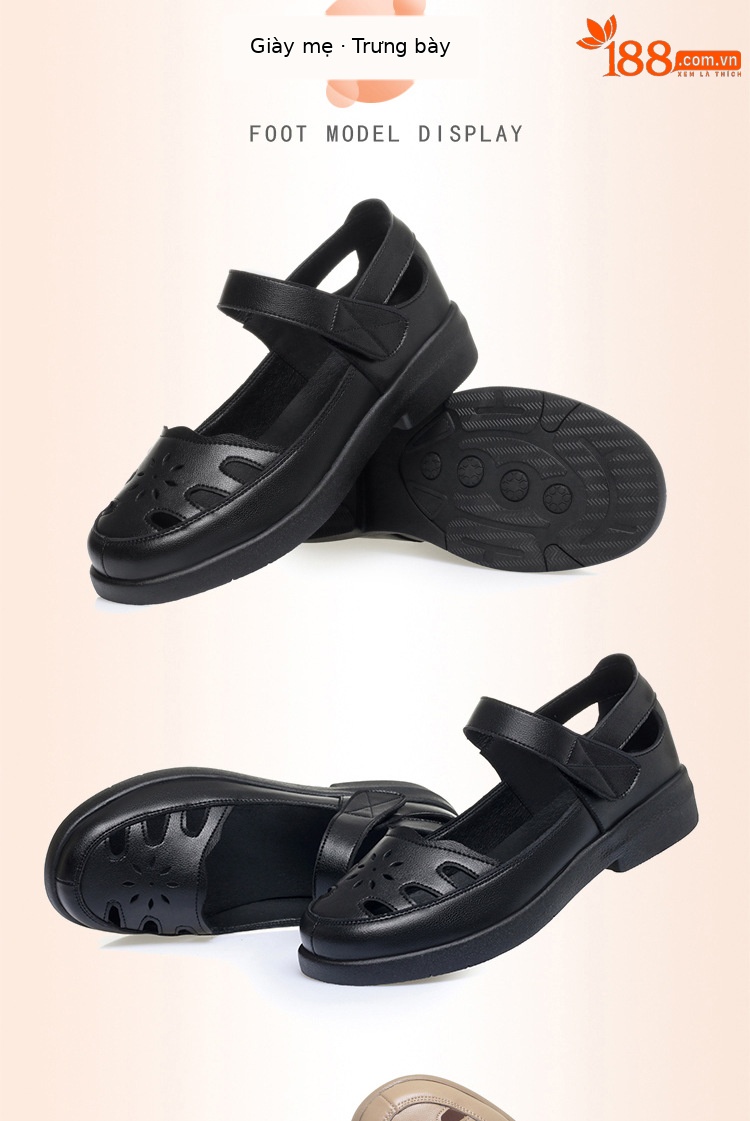 Sandal da thật lỗ thoáng khí đế mềm cho nữ trung niên, đế cao su bền bỉ — màu be chi tiết 14