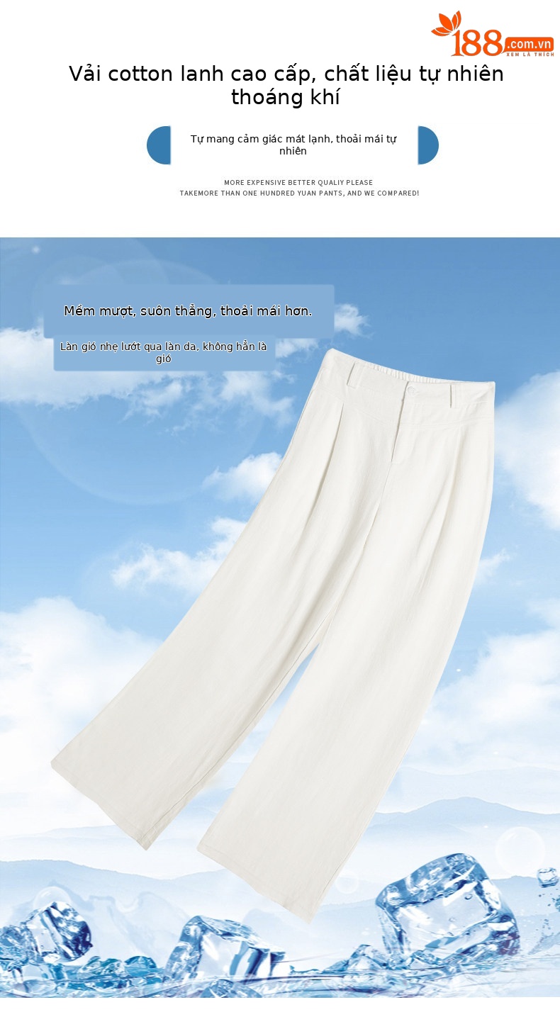 Quần culottes nữ ống rộng cạp cao vải linen phối cotton mềm mại, form suông rộng thoải mái — Trắng Extended chi tiết 1