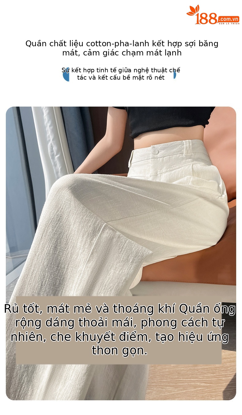 Quần culottes nữ ống rộng cạp cao vải linen phối cotton mềm mại, form suông rộng thoải mái — Trắng Extended chi tiết 9