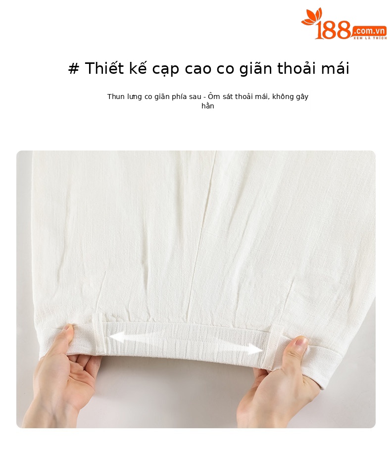 Quần culottes nữ ống rộng cạp cao vải linen phối cotton mềm mại, form suông rộng thoải mái — Trắng Extended chi tiết 15