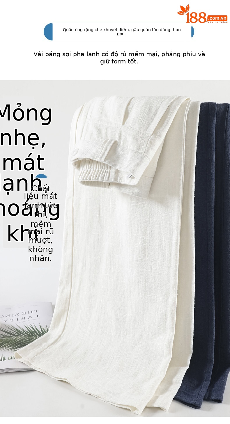 Quần culottes nữ ống rộng cạp cao vải linen phối cotton mềm mại, form suông rộng thoải mái — Trắng Extended chi tiết 19