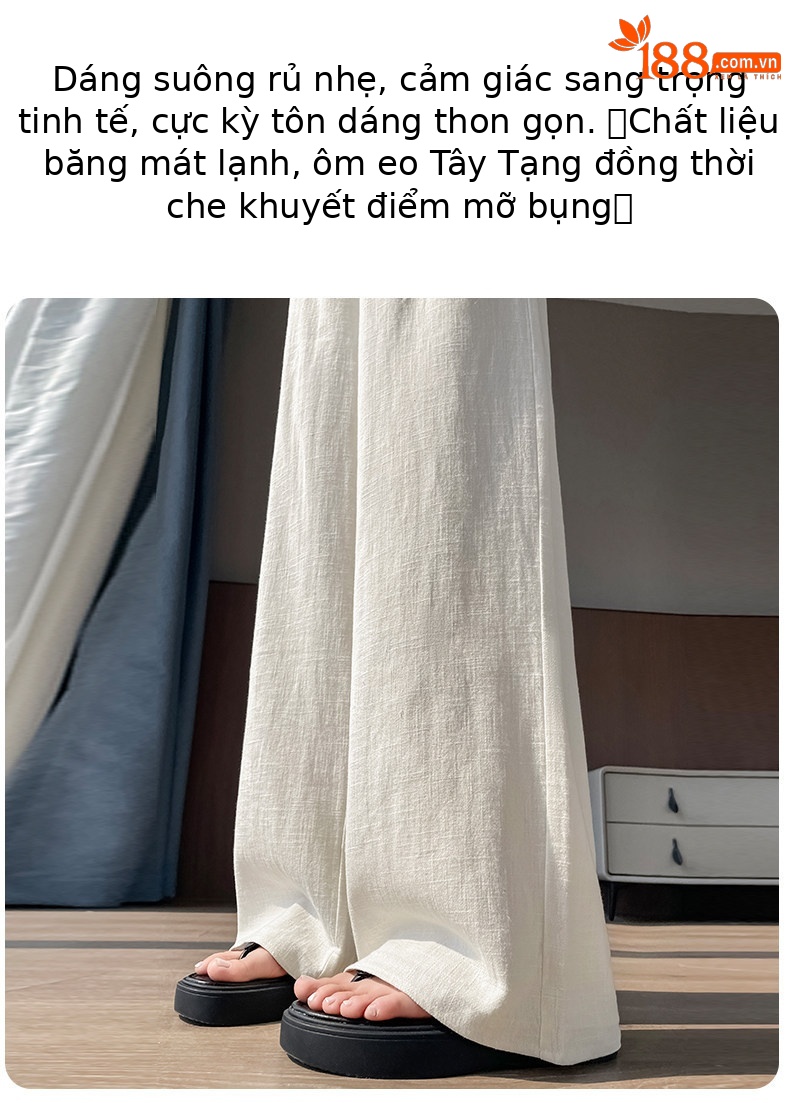 Quần culottes nữ ống rộng cạp cao vải linen phối cotton mềm mại, form suông rộng thoải mái — Trắng Extended chi tiết 24