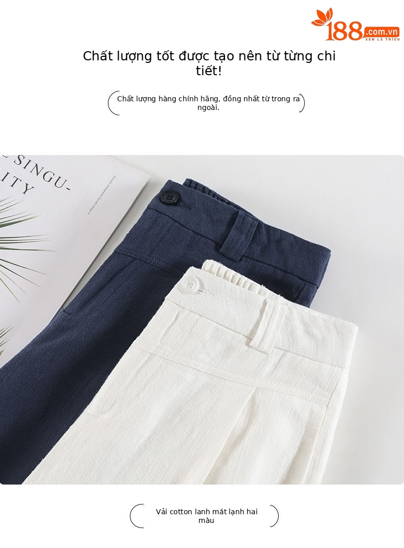 Quần culottes nữ ống rộng cạp cao vải linen phối cotton mềm mại, form suông rộng thoải mái — Trắng Extended chi tiết 26