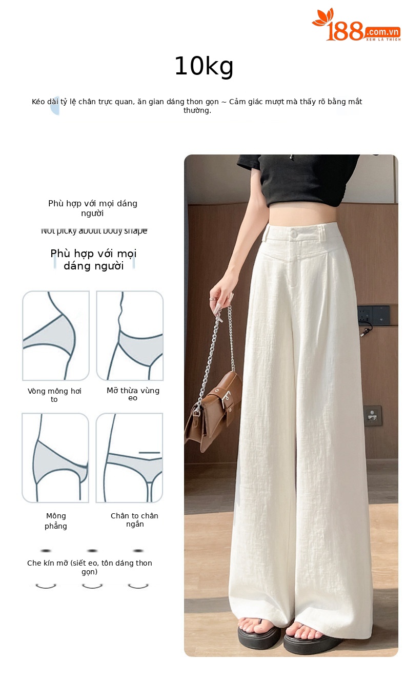Quần culottes nữ ống rộng cạp cao vải linen phối cotton mềm mại, form suông rộng thoải mái — Trắng Extended chi tiết 2