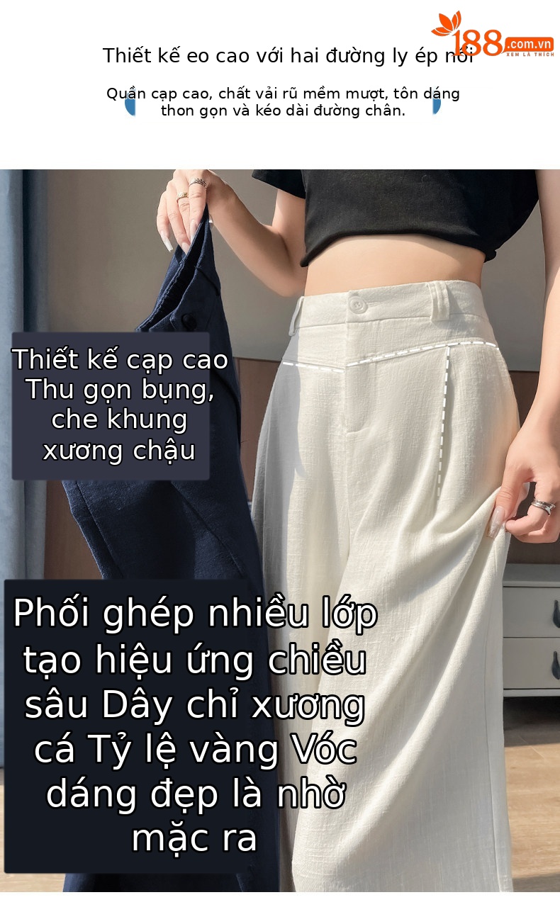 Quần culottes nữ ống rộng cạp cao vải linen phối cotton mềm mại, form suông rộng thoải mái — Trắng Extended chi tiết 3