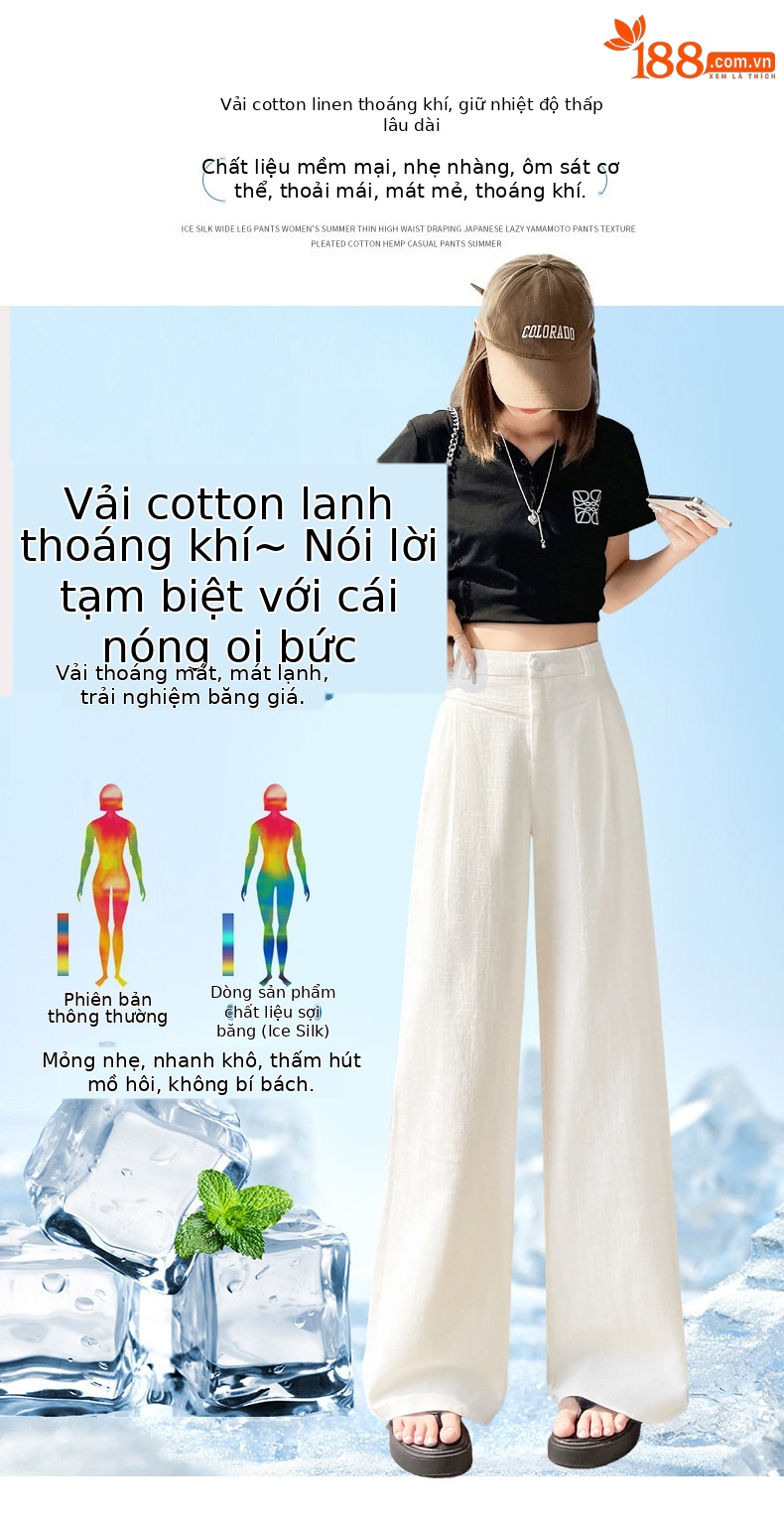 Quần culottes nữ ống rộng cạp cao vải linen phối cotton mềm mại, form suông rộng thoải mái — Trắng Extended chi tiết 6