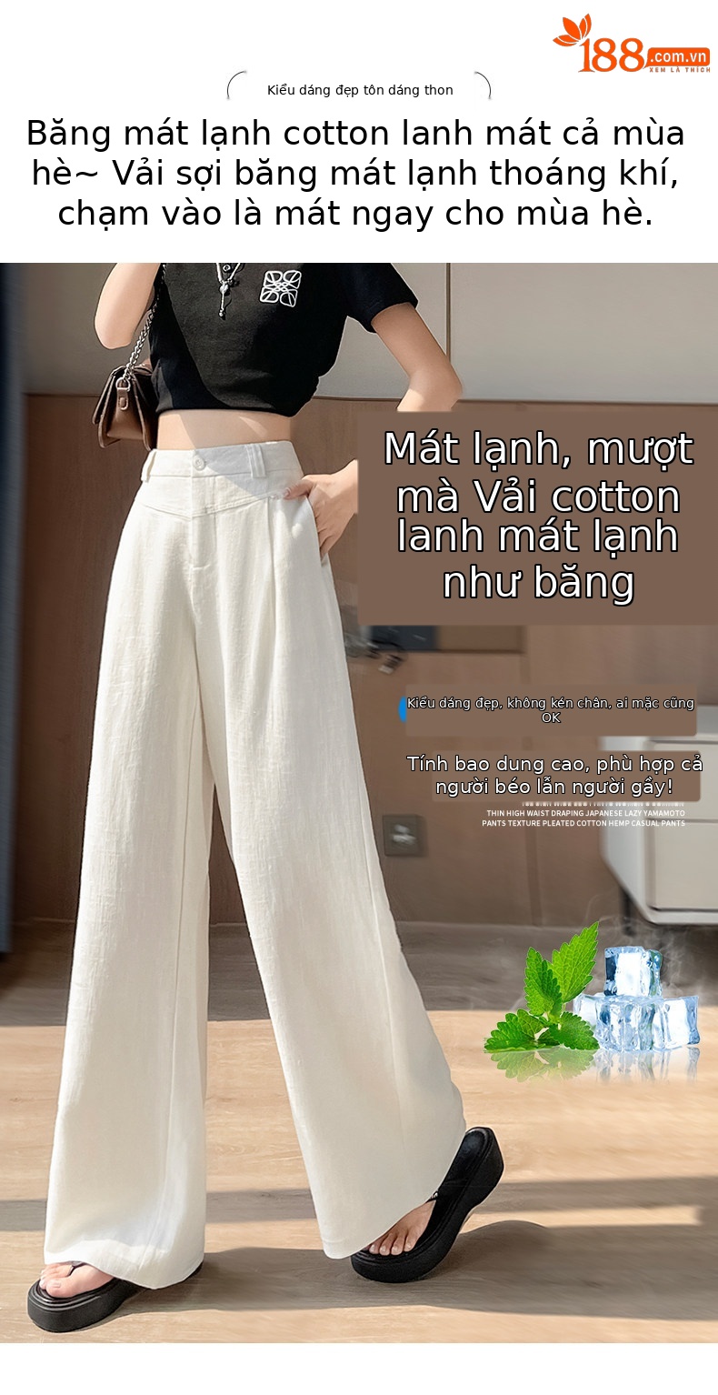 Quần culottes nữ ống rộng cạp cao vải linen phối cotton mềm mại, form suông rộng thoải mái — Trắng Extended chi tiết 7