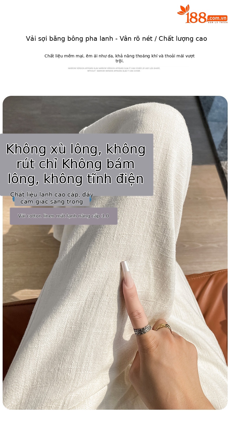 Quần culottes nữ ống rộng cạp cao vải linen phối cotton mềm mại, form suông rộng thoải mái — Trắng Extended chi tiết 10