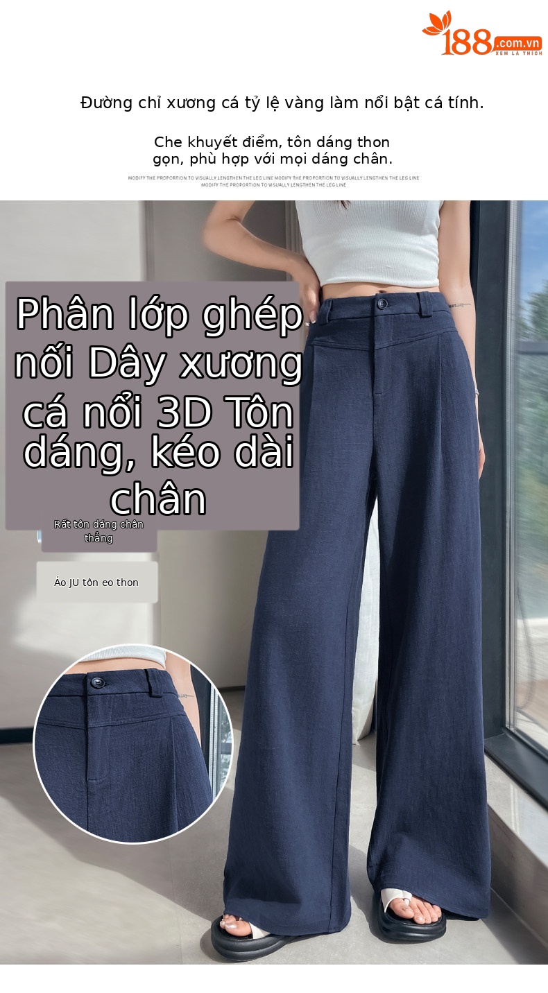 Quần culottes nữ ống rộng cạp cao vải linen phối cotton mềm mại, form suông rộng thoải mái — Trắng Extended chi tiết 11