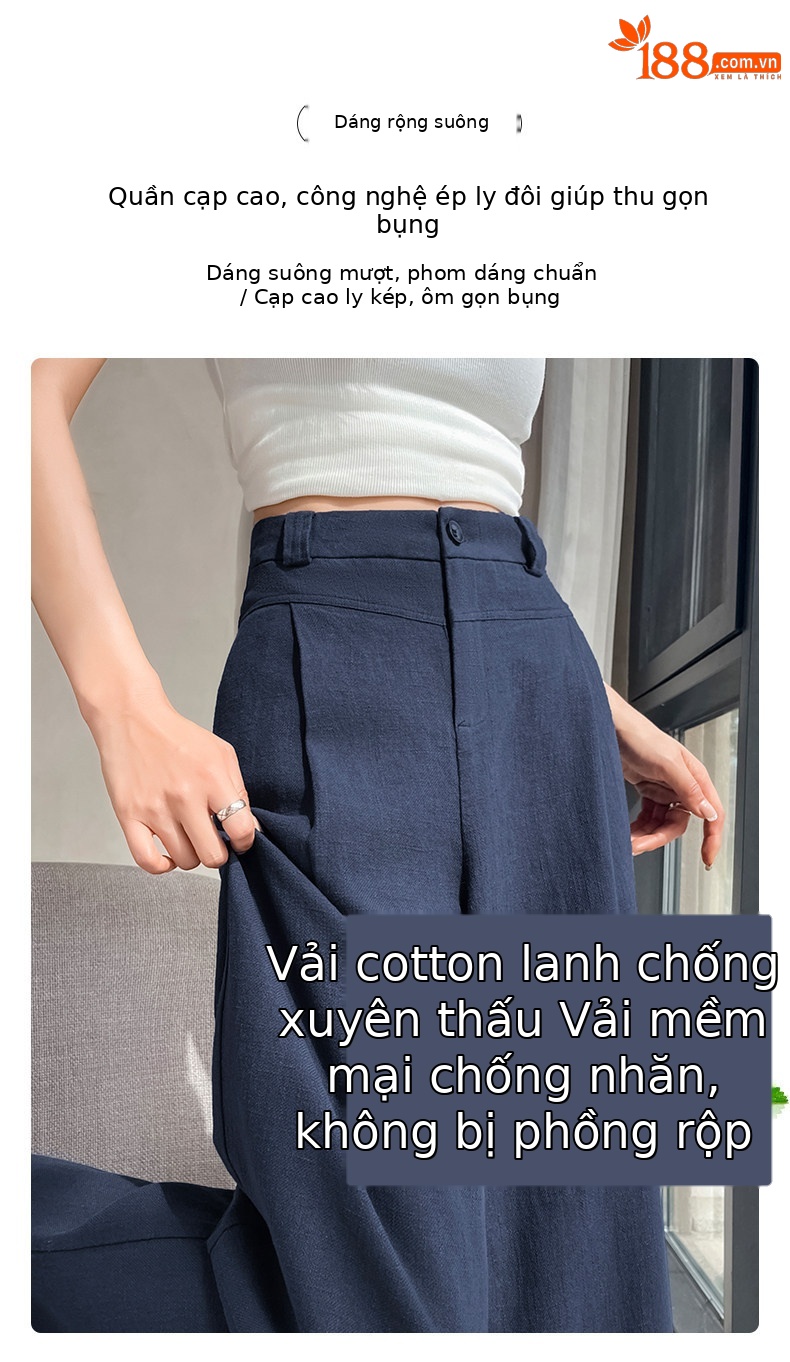 Quần culottes nữ ống rộng cạp cao vải linen phối cotton mềm mại, form suông rộng thoải mái — Trắng Extended chi tiết 12