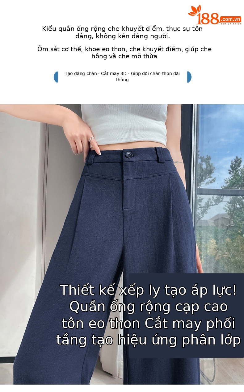 Quần culottes nữ ống rộng cạp cao vải linen phối cotton mềm mại, form suông rộng thoải mái — Trắng Extended chi tiết 16