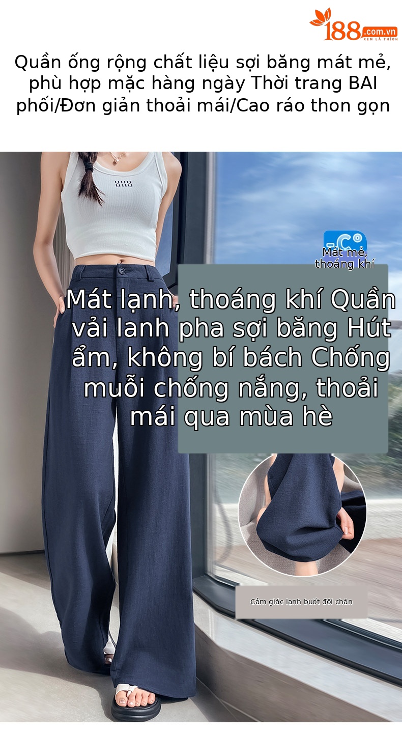 Quần culottes nữ ống rộng cạp cao vải linen phối cotton mềm mại, form suông rộng thoải mái — Trắng Extended chi tiết 17
