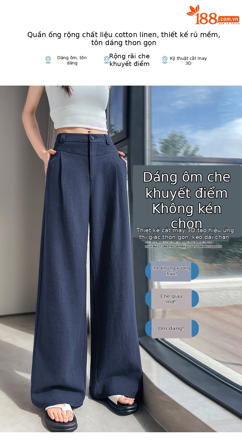 Quần culottes nữ ống rộng cạp cao vải linen phối cotton mềm mại, form suông rộng thoải mái — Trắng Extended chi tiết 18