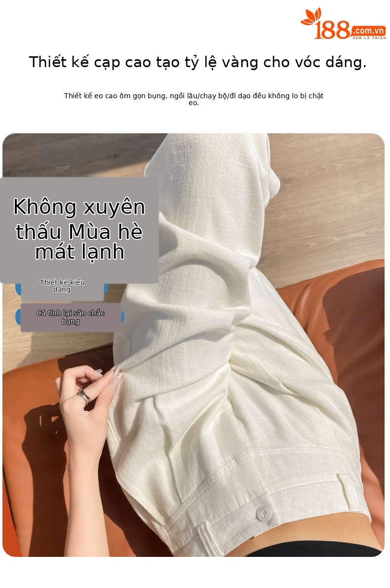 Quần culottes nữ ống rộng cạp cao vải linen phối cotton mềm mại, form suông rộng thoải mái — Trắng Extended chi tiết 25