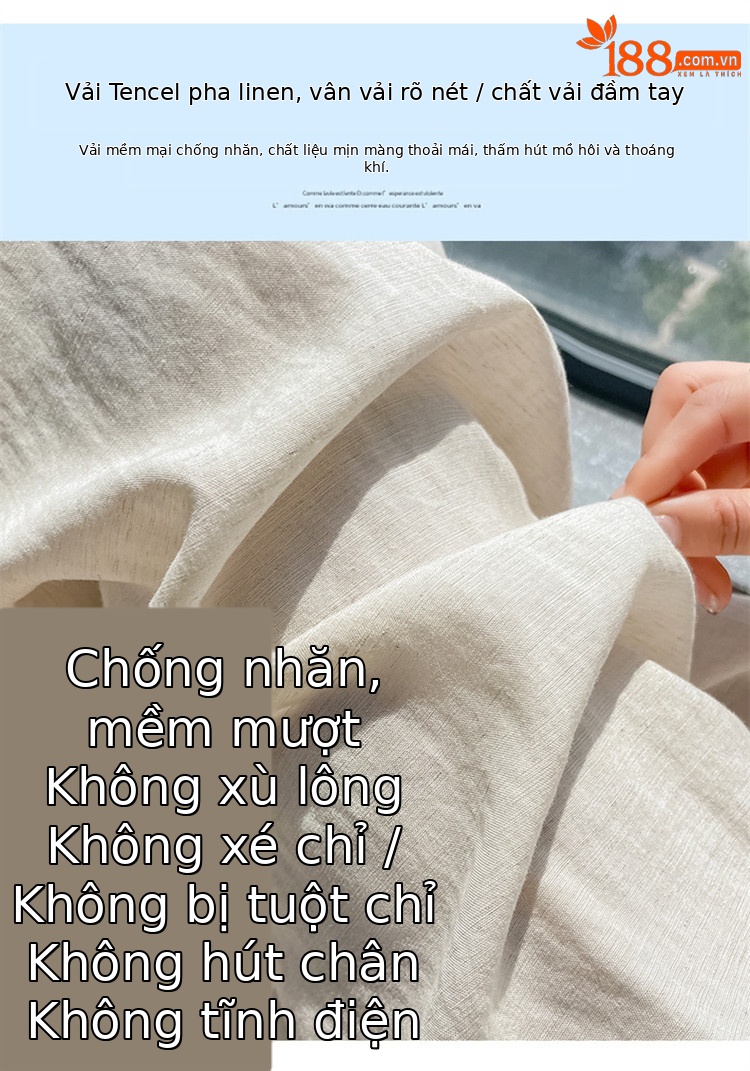 Quần tây nữ ống đứng cạp cao dáng suông vải linen phối khuy — Màu đen thông thường chi tiết 6