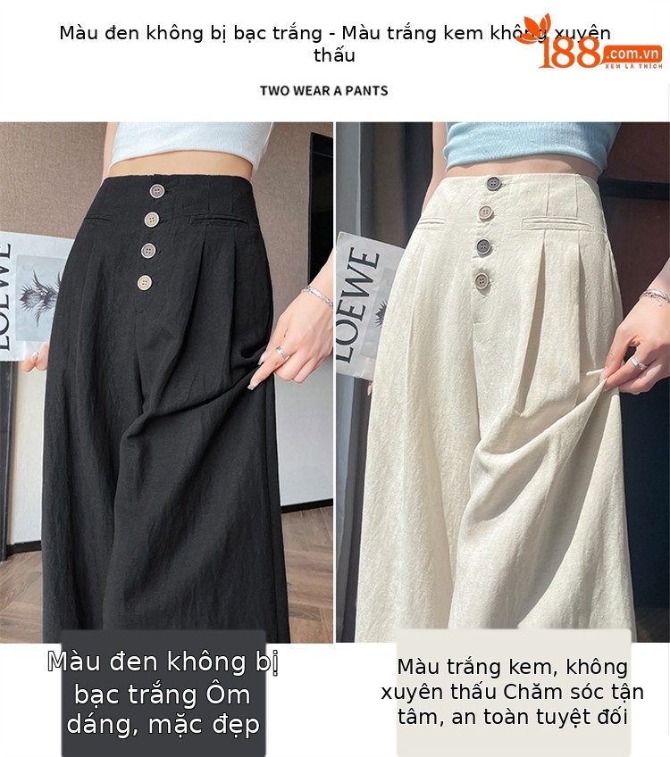 Quần tây nữ ống đứng cạp cao dáng suông vải linen phối khuy — Màu đen thông thường chi tiết 9