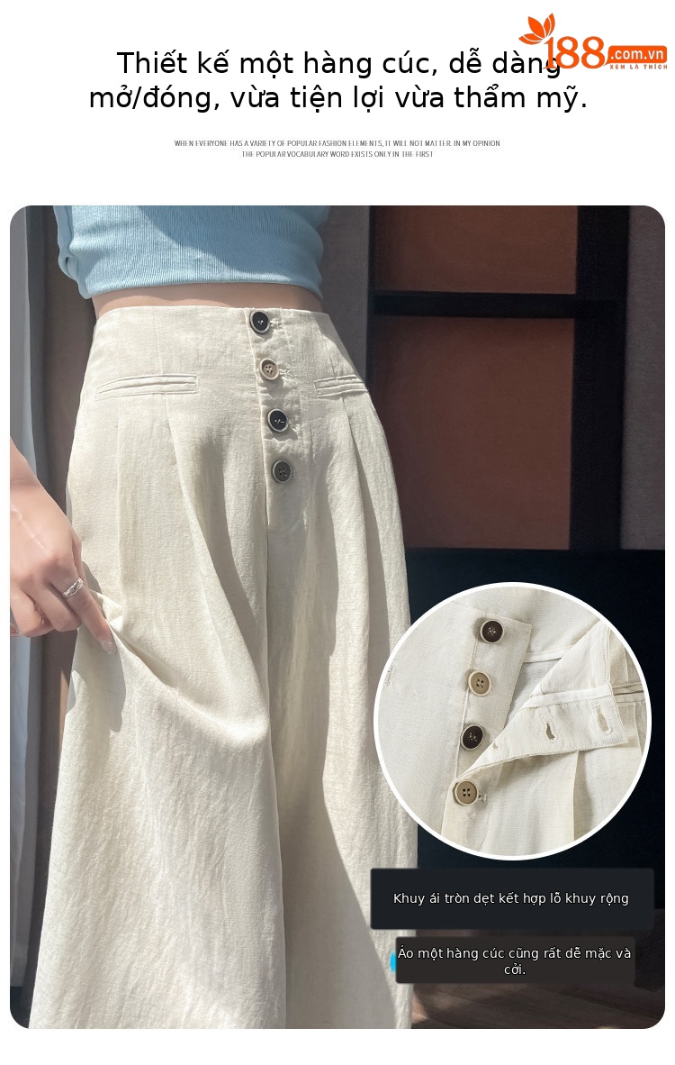 Quần tây nữ ống đứng cạp cao dáng suông vải linen phối khuy — Màu đen thông thường chi tiết 16