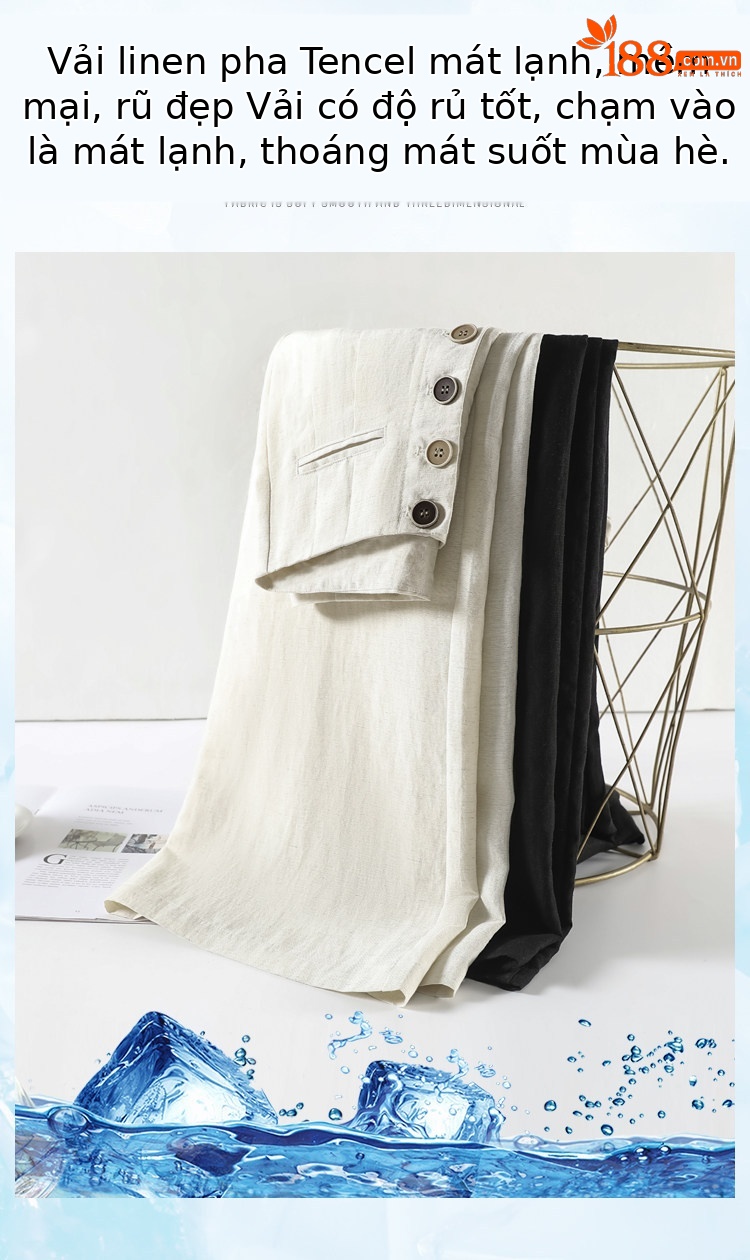 Quần tây nữ ống đứng cạp cao dáng suông vải linen phối khuy — Màu đen thông thường chi tiết 32
