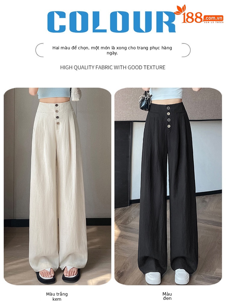 Quần tây nữ ống đứng cạp cao dáng suông vải linen phối khuy — Màu đen thông thường chi tiết 38