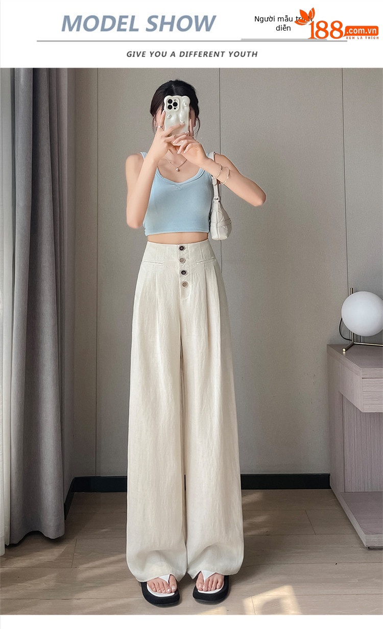 Quần tây nữ ống đứng cạp cao dáng suông vải linen phối khuy — Màu đen thông thường chi tiết 39
