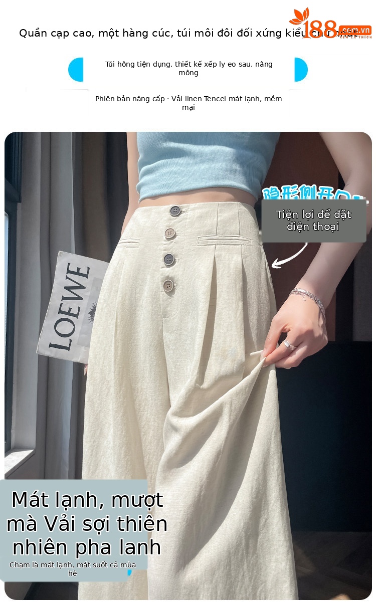 Quần tây nữ ống đứng cạp cao dáng suông vải linen phối khuy — Màu đen thông thường chi tiết 5