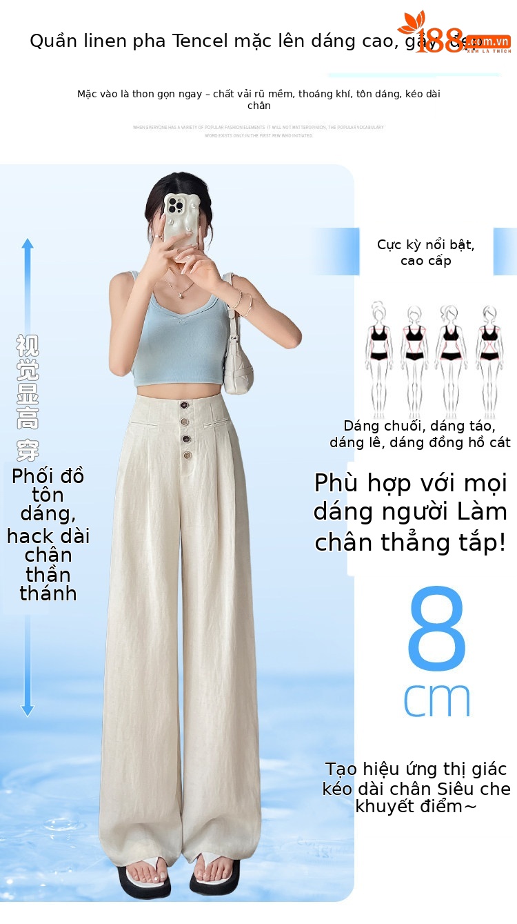 Quần tây nữ ống đứng cạp cao dáng suông vải linen phối khuy — Màu đen thông thường chi tiết 11