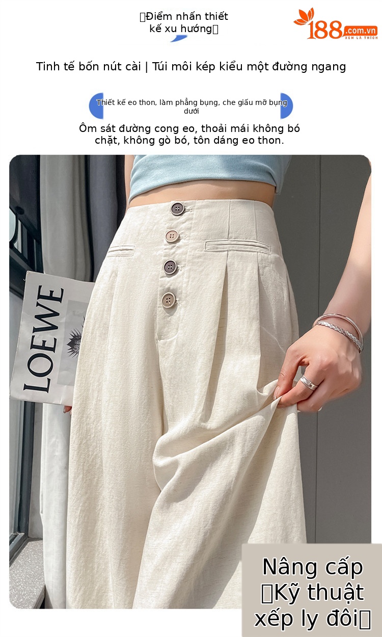 Quần tây nữ ống đứng cạp cao dáng suông vải linen phối khuy — Màu đen thông thường chi tiết 12