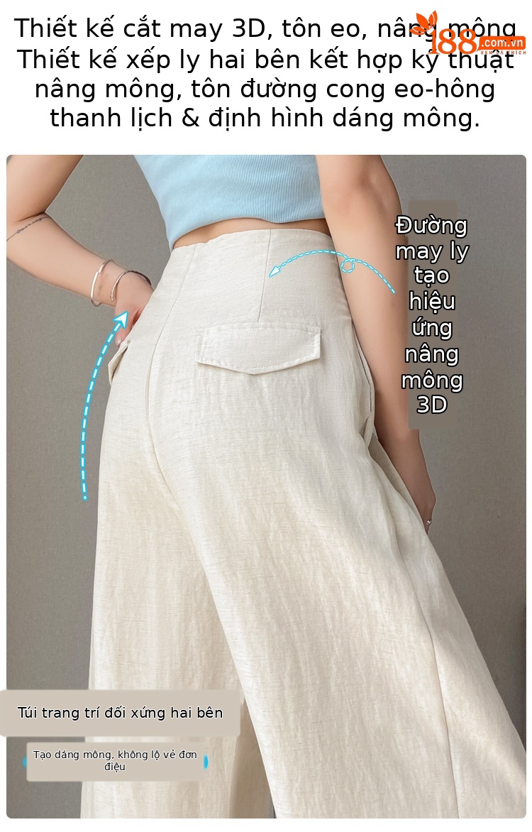 Quần tây nữ ống đứng cạp cao dáng suông vải linen phối khuy — Màu đen thông thường chi tiết 13