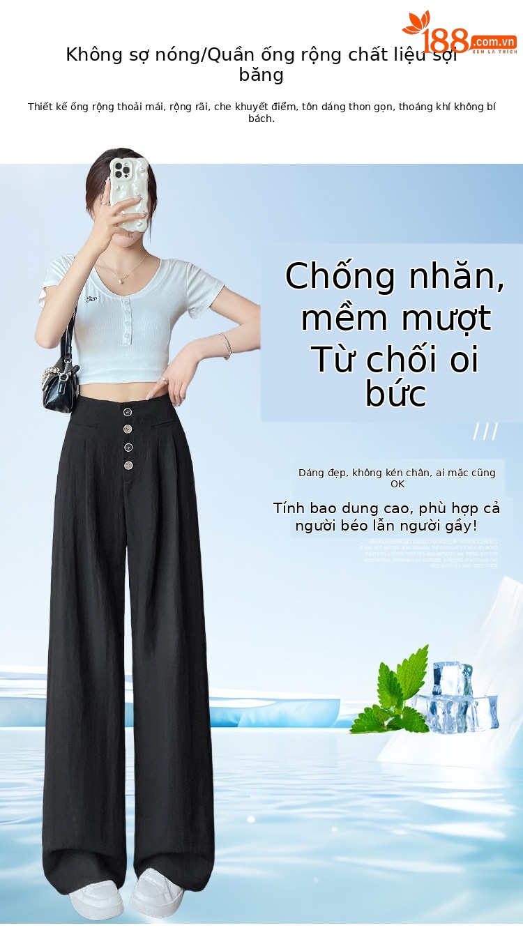 Quần tây nữ ống đứng cạp cao dáng suông vải linen phối khuy — Màu đen thông thường chi tiết 15