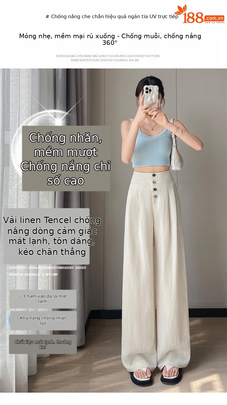 Quần tây nữ ống đứng cạp cao dáng suông vải linen phối khuy — Màu đen thông thường chi tiết 20