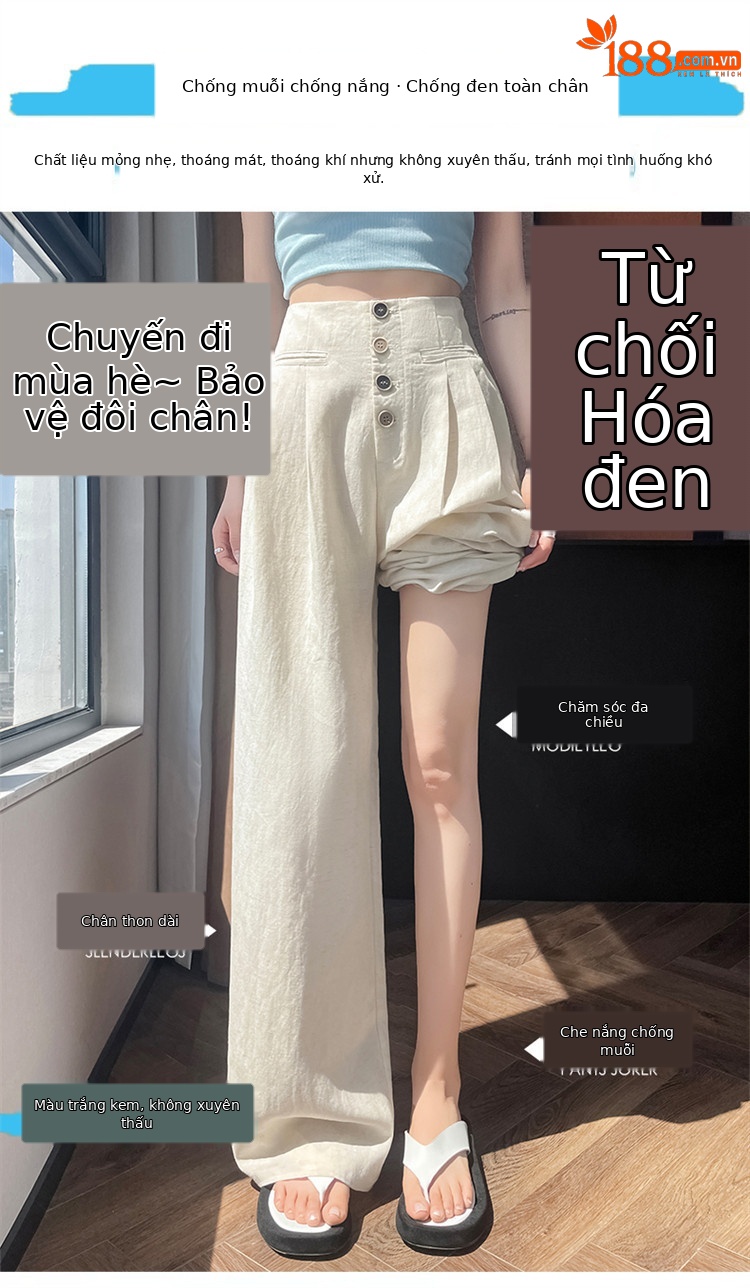 Quần tây nữ ống đứng cạp cao dáng suông vải linen phối khuy — Màu đen thông thường chi tiết 21