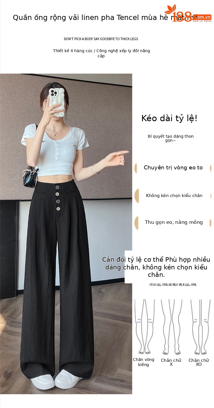 Quần tây nữ ống đứng cạp cao dáng suông vải linen phối khuy — Màu đen thông thường chi tiết 24