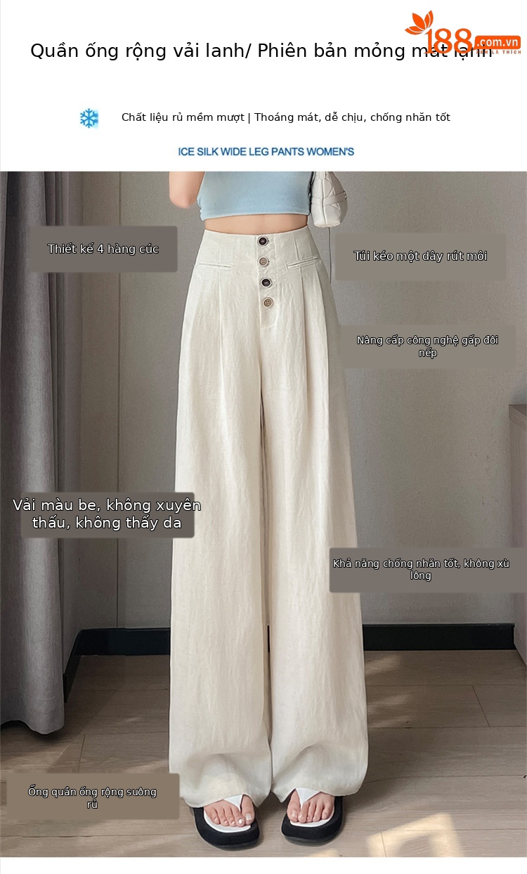Quần tây nữ ống đứng cạp cao dáng suông vải linen phối khuy — Màu đen thông thường chi tiết 25