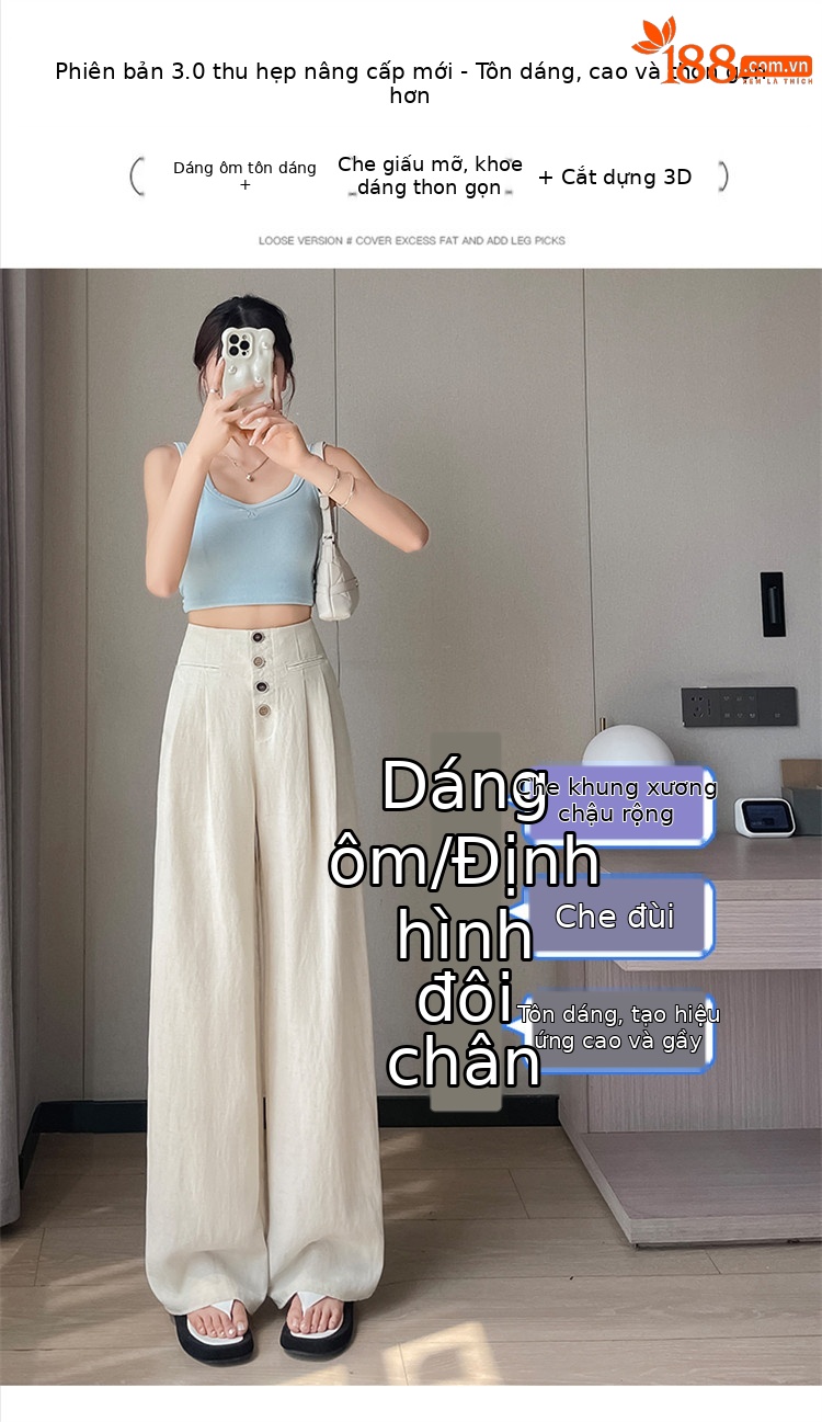 Quần tây nữ ống đứng cạp cao dáng suông vải linen phối khuy — Màu đen thông thường chi tiết 27