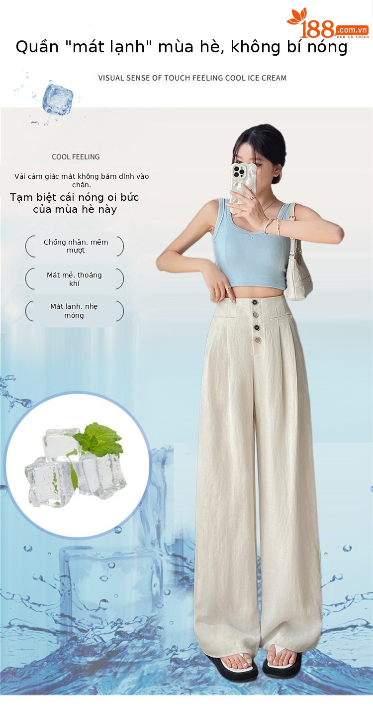 Quần tây nữ ống đứng cạp cao dáng suông vải linen phối khuy — Màu đen thông thường chi tiết 30
