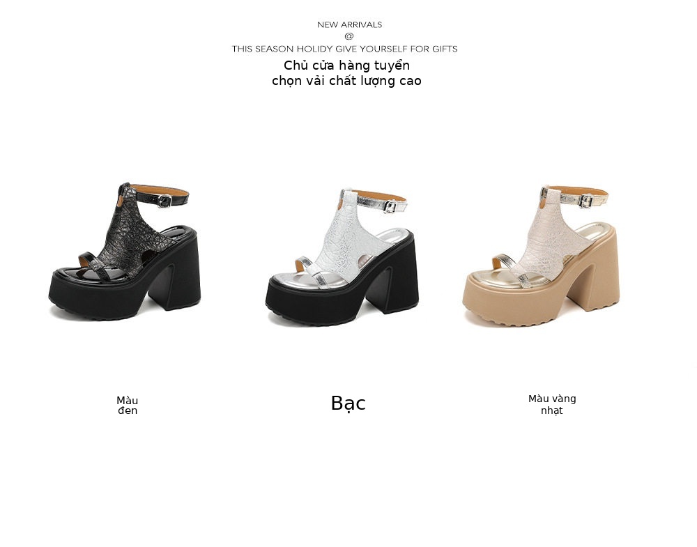 Sandal cao gót nữ da bò thật đế xuồng 12 cm mũi hở phong cách La Mã — [Đen], [Vàng nhạt], [Bạc] chi tiết 2