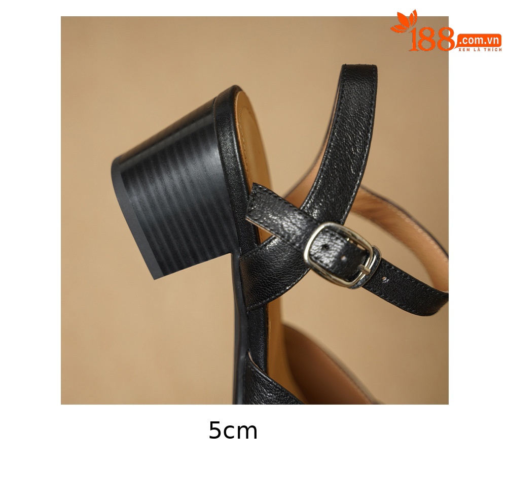 Sandal cao gót nữ hở mũi quai ngang khóa cài, gót 5 cm — đen chi tiết 18