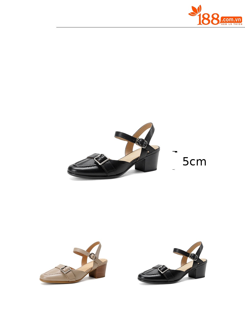Sandal cao gót nữ hở mũi quai ngang khóa cài, gót 5 cm — đen chi tiết 2