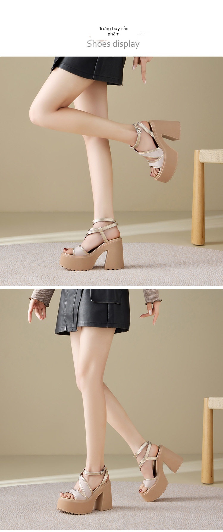 Sandal cao gót nữ mũi hở đế xuồng 12 cm da bò thật — [Đen], [Vàng nhạt], [Bạc] chi tiết 2